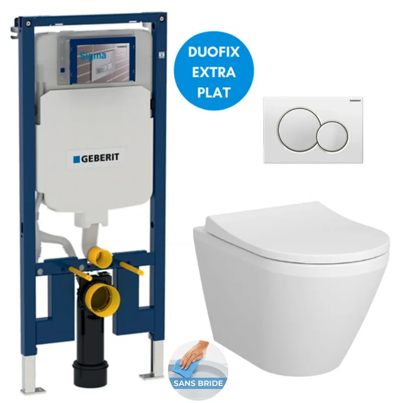Pack WC Bati-support Geberit UP720 extra-plat + WC sans bride Vitra Integra avec fixations invisibles + Abattant softclose + Pla